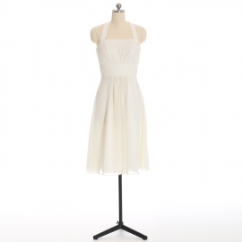 Edaydress cream halter square neck chiffon midi bridesmaid dress gathered bust flared knee-length a-line formal gown