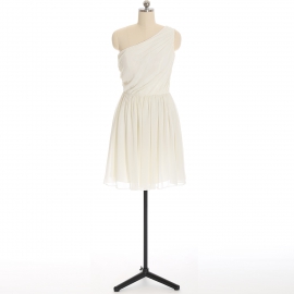 Edaydress cream one shoulder diagonal pleated chiffon short bridesmaid dress empire waist flared mini a-line formal evening gown