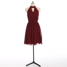 Edaydress burgundy halter keyhole chiffon short bridesmaid dress ruched waist flared mini a-line formal evening gown