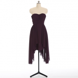 Edaydress plum strapless sweetheart chiffon high low bridesmaid dress cross ruched bodice asymmetrical handkerchief hem midi formal gown