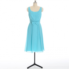 Edaydress sky blue scoop neck crisscross back chiffon midi bridesmaid dress ruched waist with front bow flared a-line formal gown