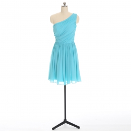 Edaydress sky blue one shoulder diagonal ruched chiffon short bridesmaid dress empire waist flared mini a-line formal gown