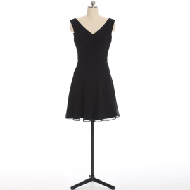 Edaydress black sleeveless double v-neck chiffon short bridesmaid dress diagonal ruched waist flared mini a-line formal gown