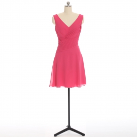 Edaydress fuchsia sleeveless double v-neck chiffon short bridesmaid dress diagonal ruched waist flared mini a-line formal gown