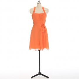 Edaydress tangerine halter square neck chiffon short bridesmaid dress ruched waist with side bow flared mini a-line formal gown