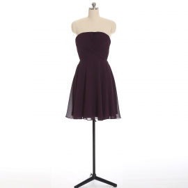 Edaydress plum strapless cross ruched chiffon short bridesmaid dress flared a-line mini formal gown