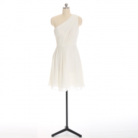 Edaydress ivory one shoulder draped chiffon short bridesmaid dress diagonal pleated flared mini a-line formal gown