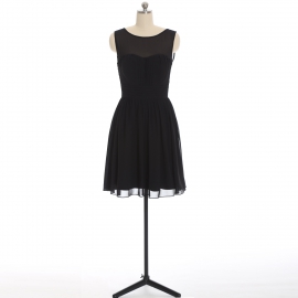 Edaydress black sleeveless mesh boat neck chiffon short bridesmaid dress ruched waist deep v back flared mini a-line formal gown