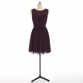 Edaydress plum sleeveless mesh boat neck chiffon short bridesmaid dress ruched waist deep v back flared mini a-line formal gown