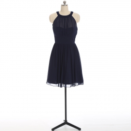 Edaydress navy halter neck sleeveless chiffon short bridesmaid dress gathered bust keyhole back flared mini a-line formal gown