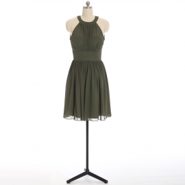 Edaydress olive green halter neck sleeveless chiffon short bridesmaid dress gathered bust keyhole back flared mini a-line formal gown