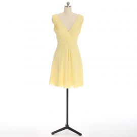 Edaydress pale yellow sleeveless double v neck chiffon short bridesmaid dress pleated twist waist flared mini a-line formal gown