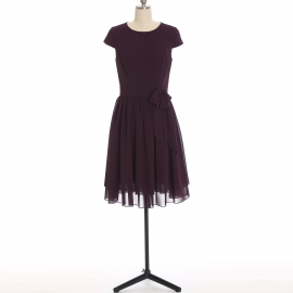 Edaydress plum cap sleeve round neck chiffon short bridesmaid dress bow waistband flared mini a-line formal gown
