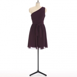 Edaydress plum one shoulder pleated chiffon short bridesmaid dress self tie sash flared mini a-line formal gown