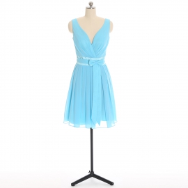 Edaydress sky blue sleeveless deep v chiffon short bridesmaid dress satin bow waistband flared mini a-line formal gown