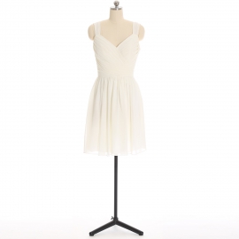 Edaydress ivory wide pleated strap v neck chiffon short bridesmaid dress cross ruched bodice flared mini a-line formal gown