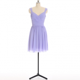 Edaydress lavender wide pleated strap v neck chiffon short bridesmaid dress cross ruched bodice flared mini a-line formal gown
