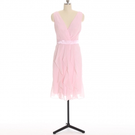 Edaydress blush pink satin waistband v neck chiffon midi bridesmaid dress front ruffle cascading flowy formal gown