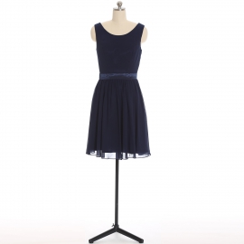 Edaydress navy sleeveless round neck chiffon short bridesmaid dress satin waistband flared mini a-line formal gown