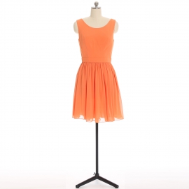 Edaydress tangerine sleeveless round neck chiffon short bridesmaid dress fabric waistband flared mini a-line formal gown