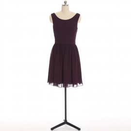 Edaydress plum sleeveless round neck chiffon short bridesmaid dress fabric waistband flared mini a-line formal gown