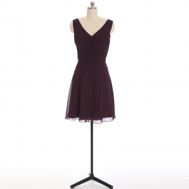 Edaydress plum sleeveless double v cross ruched chiffon short bridesmaid dress fit flare mini formal gown