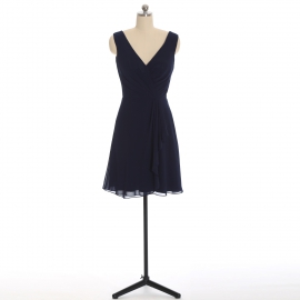 Edaydress navy sleeveless double v cross ruched chiffon short bridesmaid dress side drape fit flare mini formal gown