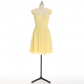 Edaydress pale yellow cap sleeve sweetheart ruched chiffon short bridesmaid dress empire waist flared mini a-line formal gown