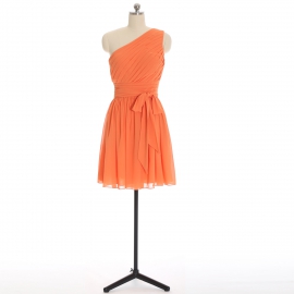 Edaydress tangerine one shoulder pleated chiffon short bridesmaid dress waist sash bow flared mini a-line formal gown