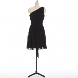 Edaydress black one shoulder diagonal pleated chiffon short bridesmaid dress waist sash bow flared mini a-line formal gown