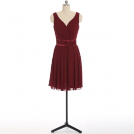 Edaydress burgundy sleeveless double v wrap chiffon short bridesmaid dress satin waist bow flared mini a-line formal gown