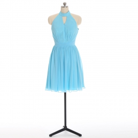 Edaydress sky blue halter keyhole neck ruched waist chiffon short bridesmaid dress keyhole back flared mini a-line formal gown