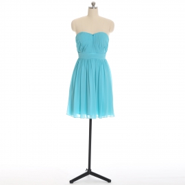 Edaydress turquoise strapless sweetheart pleated chiffon short bridesmaid dress ruched waist flared mini a-line formal gown