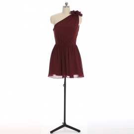 Edaydress burgundy one shoulder 3d flower chiffon short bridesmaid dress gathered waist flared mini a-line formal gown