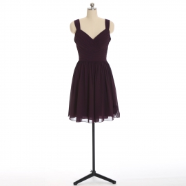 Edaydress plum wide strap v neck cross ruched chiffon short bridesmaid dress empire waist flared mini a-line formal gown