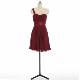 Edaydress burgundy one shoulder sweetheart chiffon short bridesmaid dress satin ruched waist flared mini a-line formal gown