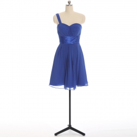 Edaydress royal blue one shoulder sweetheart chiffon short bridesmaid dress satin ruched waist flared mini a-line formal gown