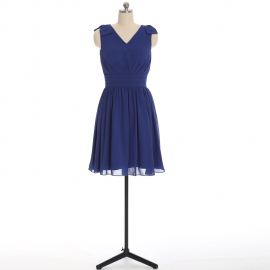 Edaydress royal blue cap sleeve v neck chiffon short bridesmaid dress ruched waist flared mini a-line formal gown