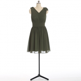Edaydress olive green cap sleeve v neck chiffon short bridesmaid dress ruched waist flared mini a-line formal gown