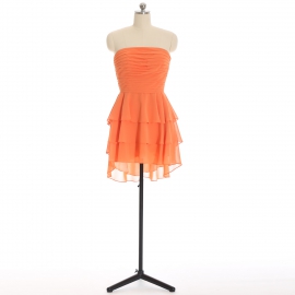 Edaydress tangerine strapless pleated tiered chiffon short bridesmaid dress high low ruffle mini formal gown