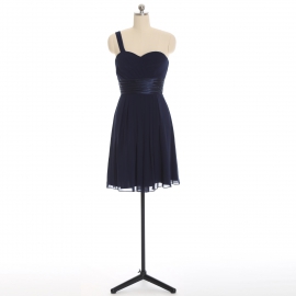 Edaydress navy one strap sweetheart chiffon short bridesmaid dress ruched satin waist flared mini a-line formal gown
