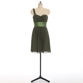 Edaydress olive green one strap sweetheart chiffon short bridesmaid dress ruched satin waist flared mini a-line formal gown