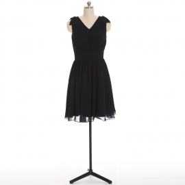 Edaydress black sleeveless v-neck bow shoulder ruched waist chiffon short bridesmaid dress flared mini a-line formal gown