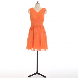 Edaydress tangerine sleeveless v-neck bow shoulder ruched waist chiffon short bridesmaid dress flared mini a-line formal gown