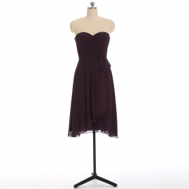 Edaydress plum strapless sweetheart cross ruched chiffon midi bridesmaid dress side sash high low ruffle formal gown