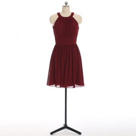 Edaydress burgundy halter neck pleated chiffon short bridesmaid dress empire waist flared mini a-line formal gown