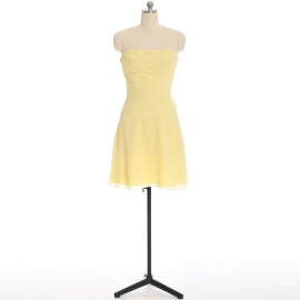 Edaydress pale yellow strapless diagonal ruched chiffon short bridesmaid dress fit flare mini formal gown