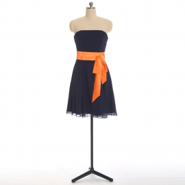 Edaydress navy strapless tube chiffon short bridesmaid dress orange satin sash bow flared a-line mini formal gown