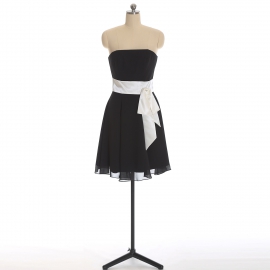 Edaydress black strapless tube chiffon short bridesmaid dress white satin sash bow flared a-line mini formal gown